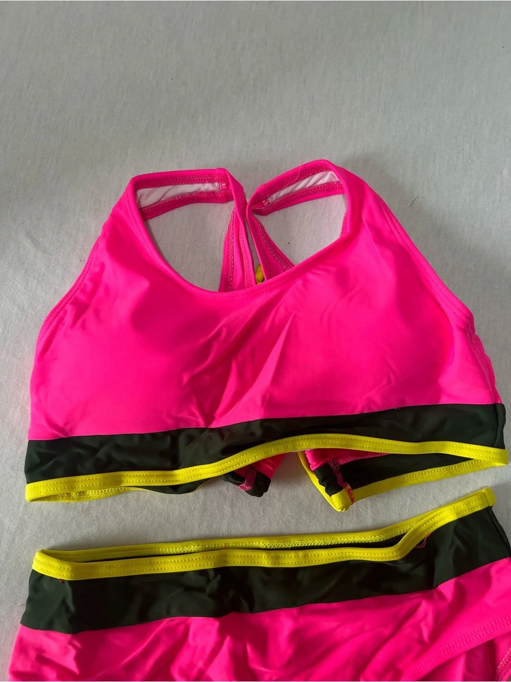 Girls' Neon Pink Two-Piece Swim Set with Black and Yellow Trim